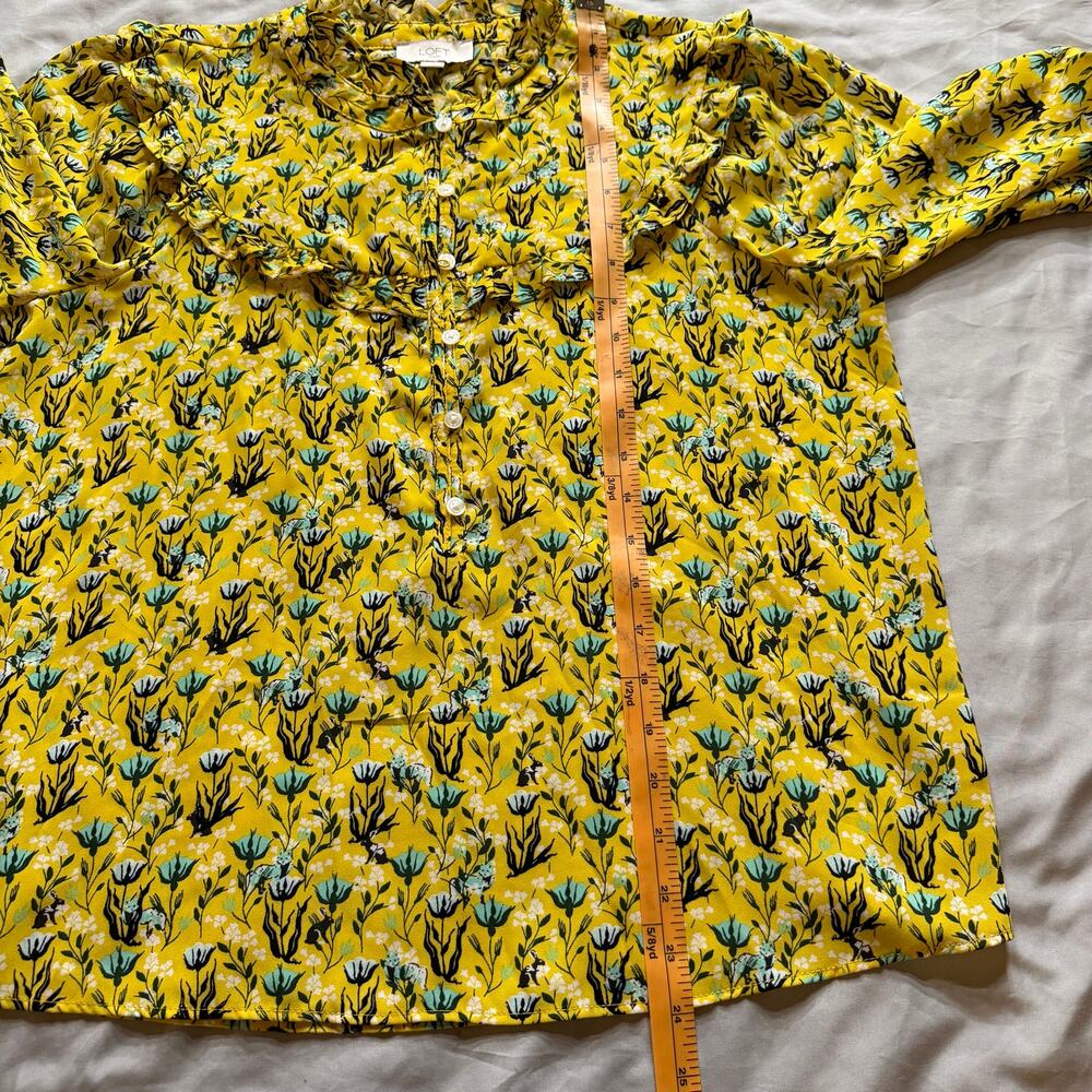 LOFT Outlet Yellow Floral Ruffle Neck Blouse Medium Long Sleeve Boho Cottagecore - Picture 7 of 9
